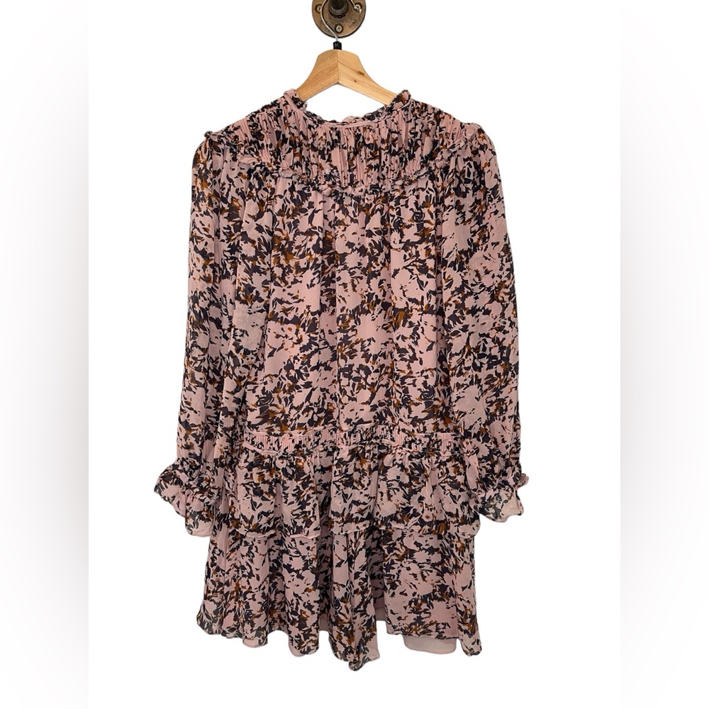 Joie Elsverre Silk Abstract Long Sleeve Dropped Waist Flounce Mini Dress, Size 8 - Picture 4 of 8